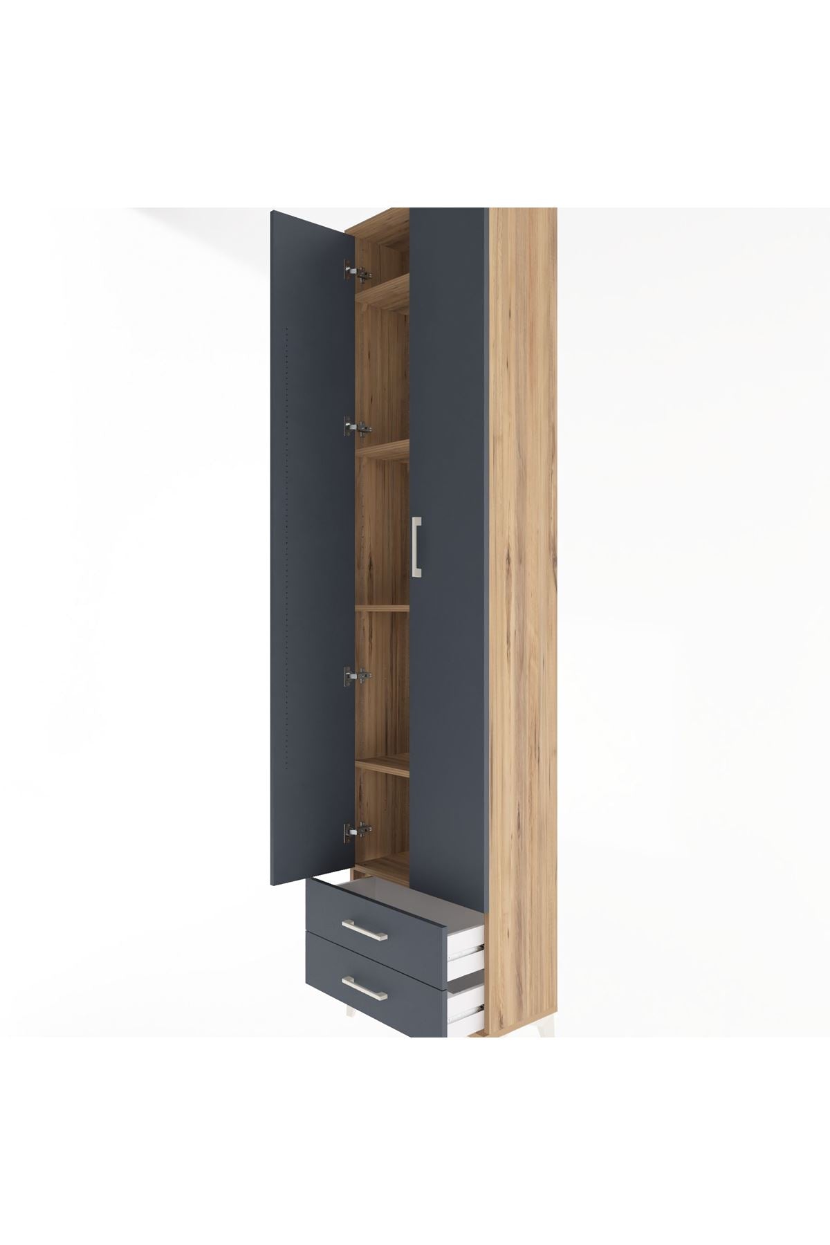 Arges Dolap 5 Raflı 2 Çekmeceli 2 Kapaklı 60x30x243 Çam-Antrasit