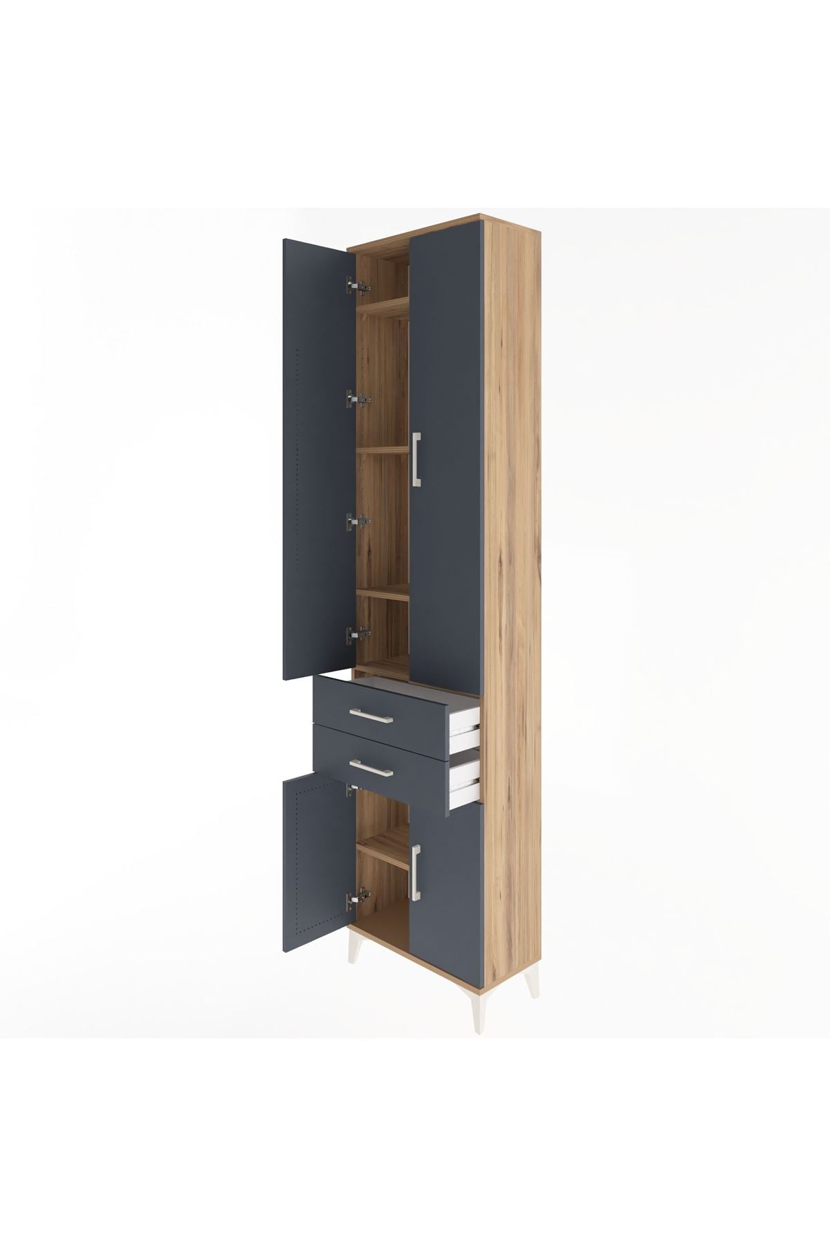 Arges Dolap 5 Raflı 2 Çekmeceli 4 Kapaklı 60x30x243 Çam-Antrasit