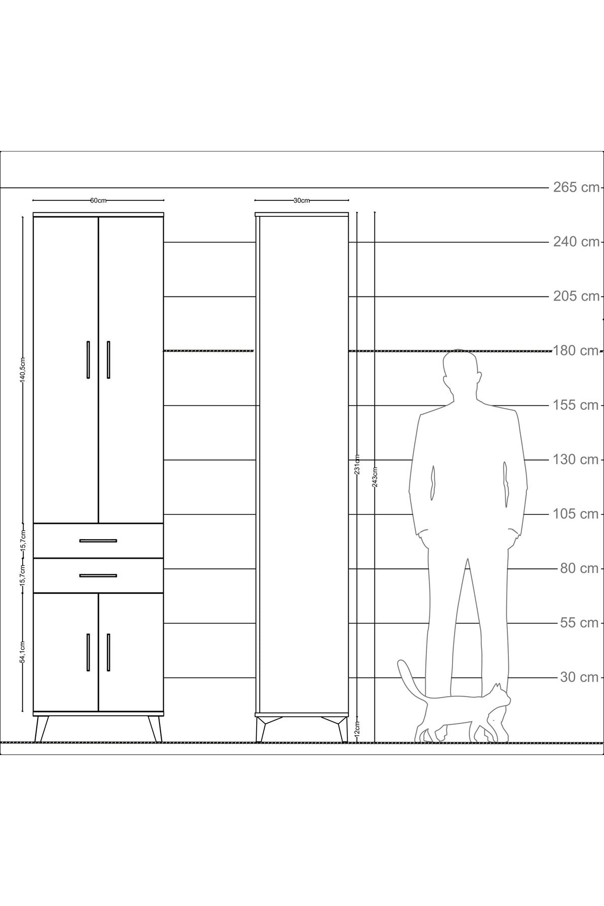 Arges Dolap 5 Raflı 2 Çekmeceli 4 Kapaklı 60x30x243 Çam-Antrasit