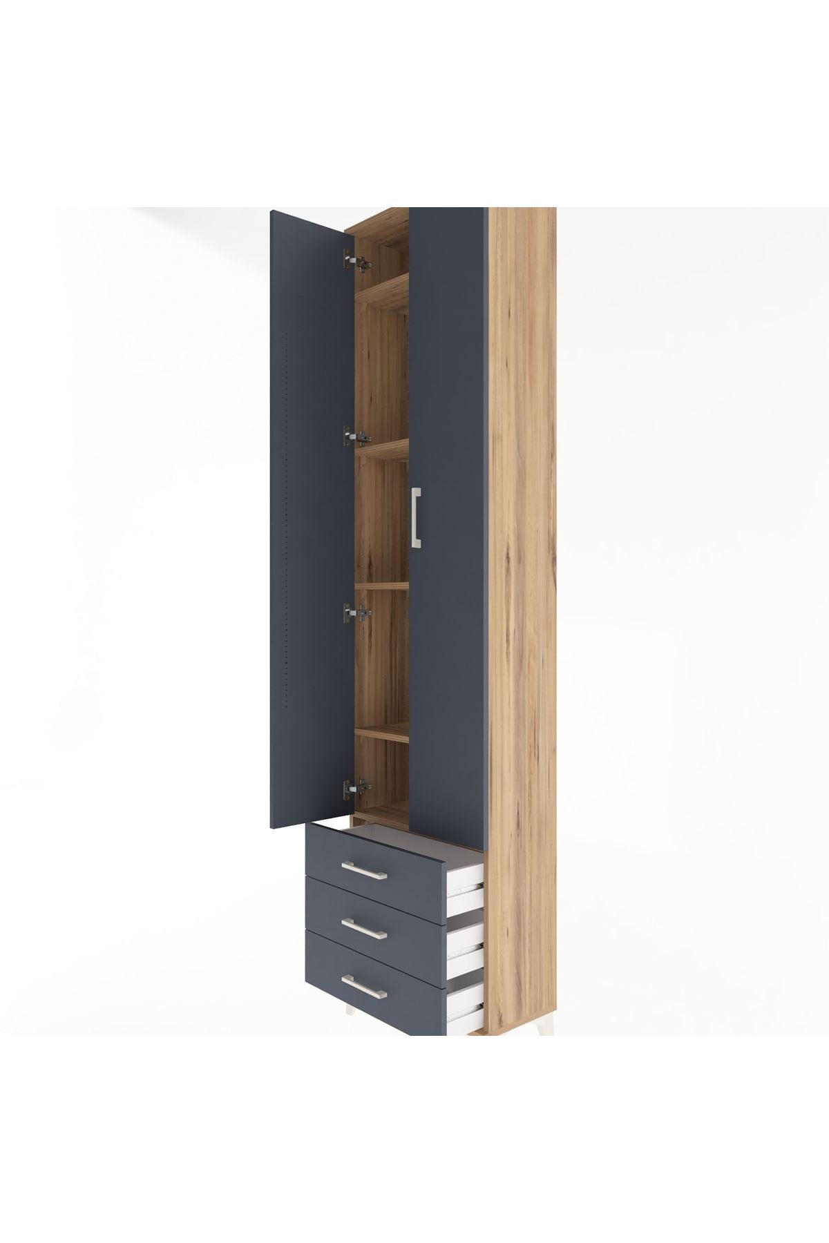 Arges Dolap 5 Raflı 3 Çekmeceli 2 Kapaklı 60x30x243 Çam-Antrasit