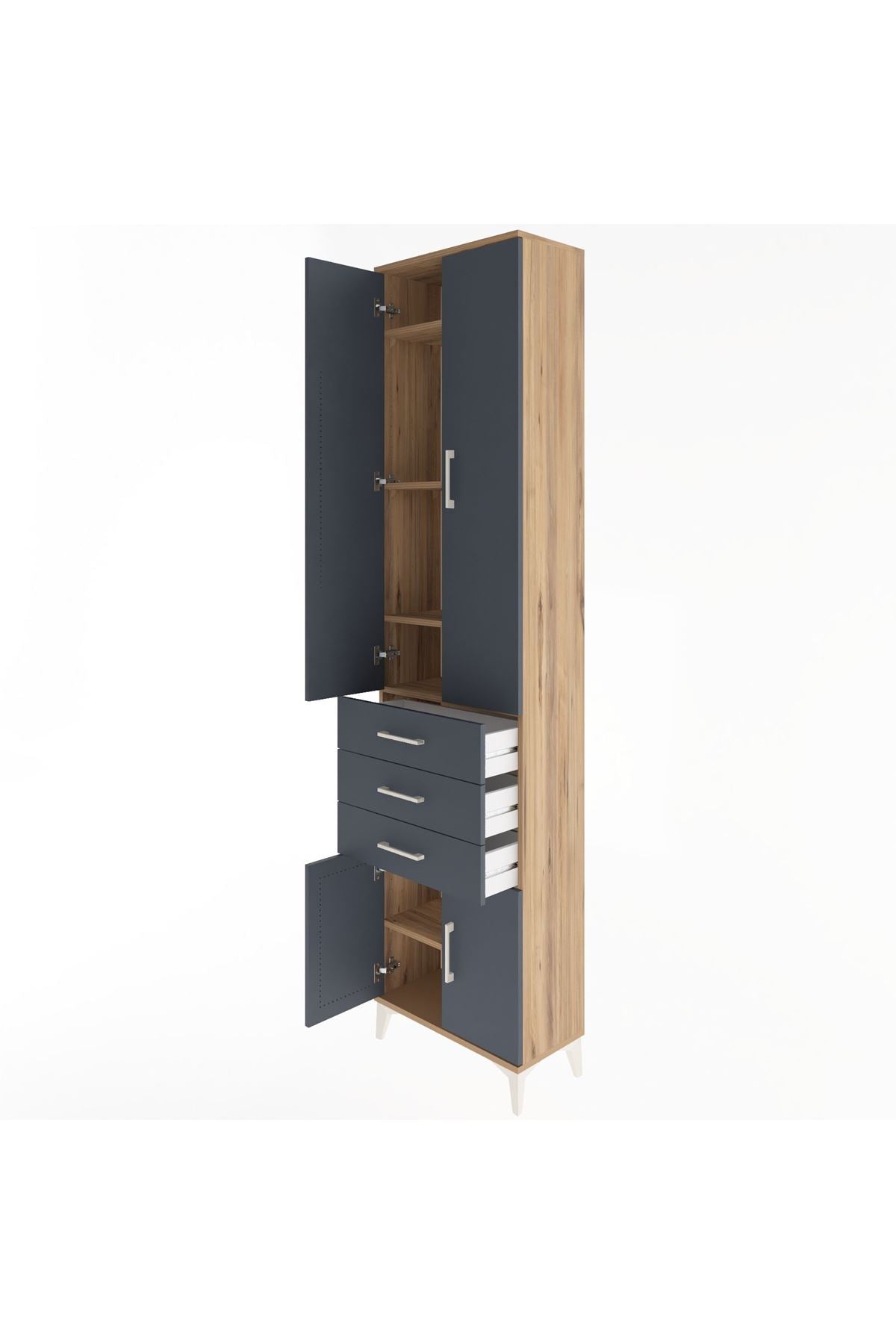 Arges Dolap 5 Raflı 3 Çekmeceli 4 Kapaklı 60x30x243 Çam-Antrasit