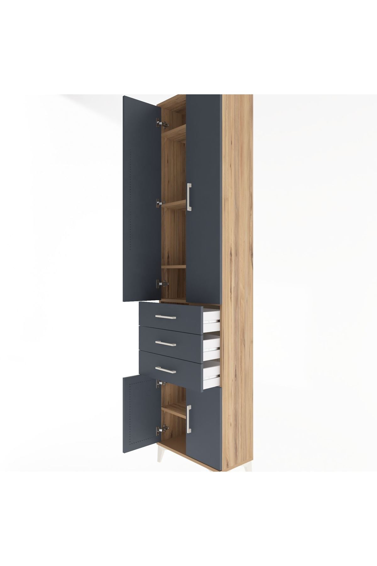 Arges Dolap 5 Raflı 3 Çekmeceli 4 Kapaklı 60x30x243 Çam-Antrasit