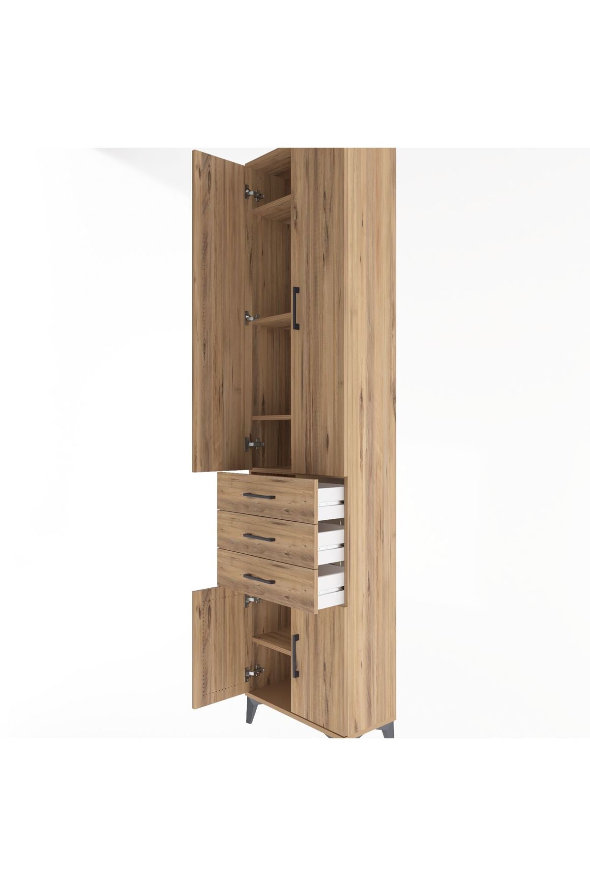 Arges Dolap 5 Raflı 3 Çekmeceli 4 Kapaklı 60x30x243 Çam-Çam