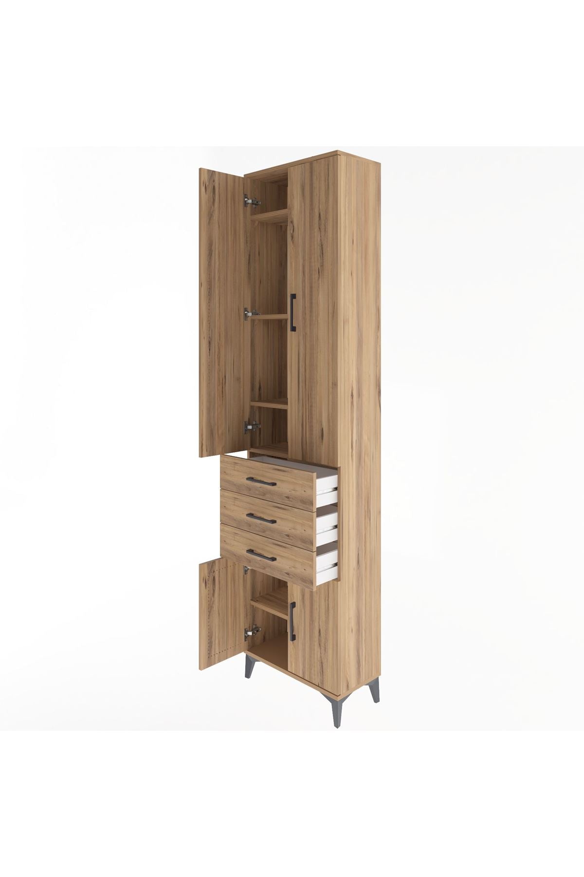 Arges Dolap 5 Raflı 3 Çekmeceli 4 Kapaklı 60x30x243 Çam-Çam