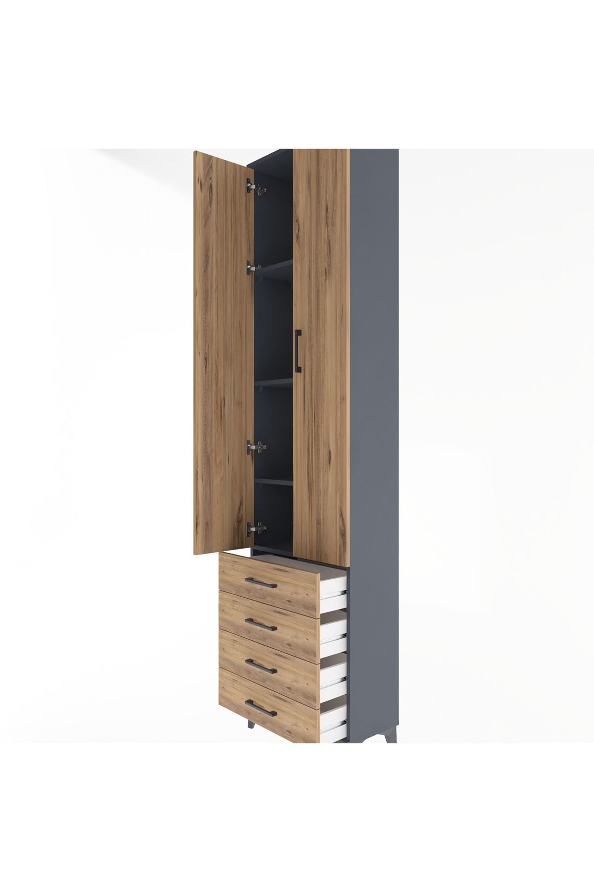 Arges Dolap 4 Raflı 4 Çekmeceli 2 Kapaklı 60x30x243 Antrasit-Çam