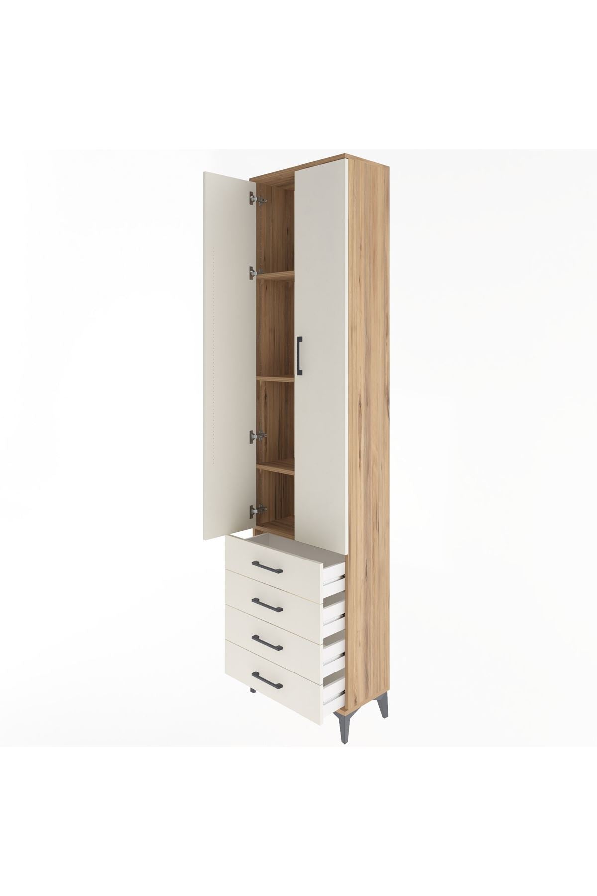 Arges Dolap 4 Raflı 4 Çekmeceli 2 Kapaklı 60x30x243 Çam-Aytaşı