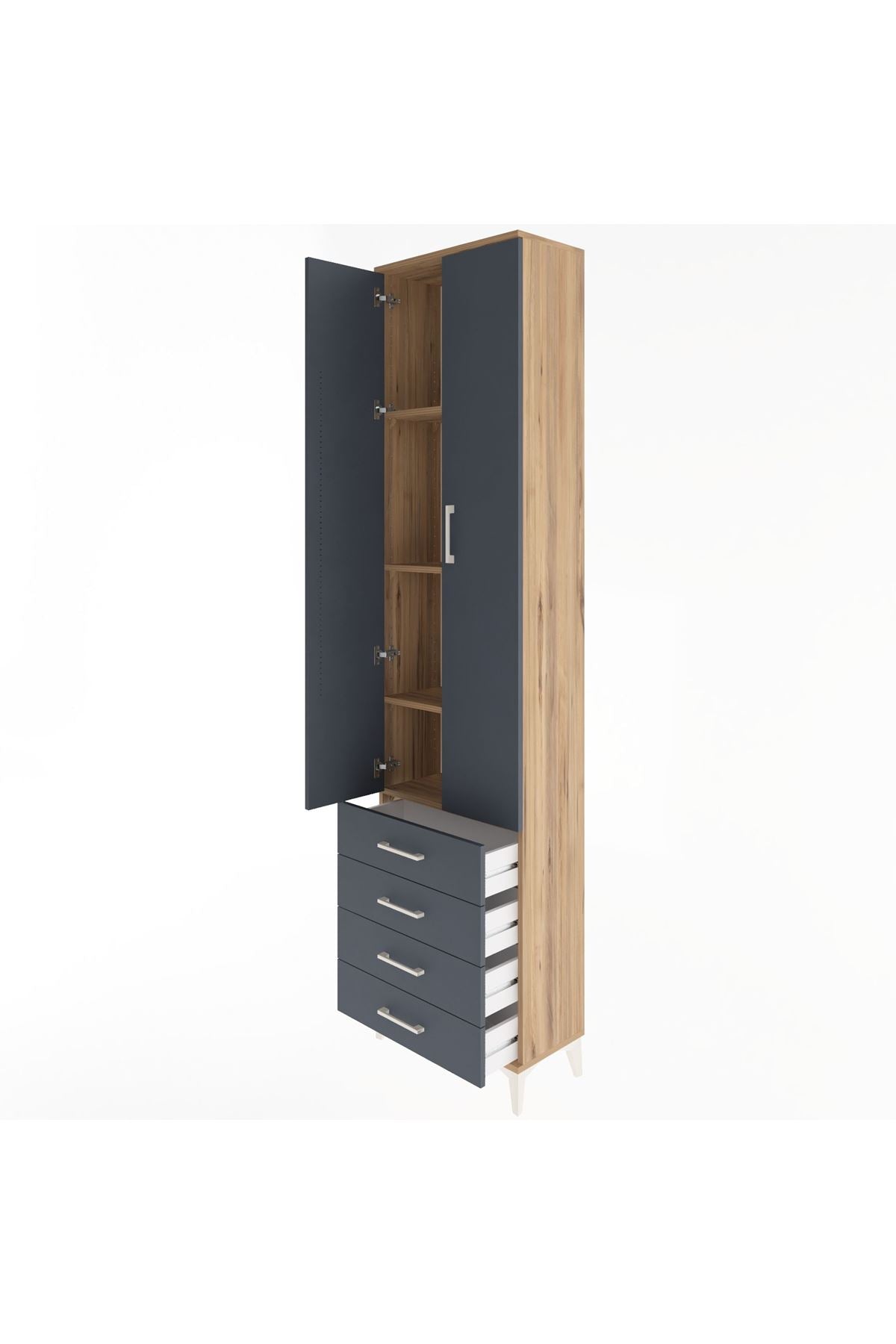 Arges Dolap 4 Raflı 4 Çekmeceli 2 Kapaklı 60x30x243 Çam-Antrasit