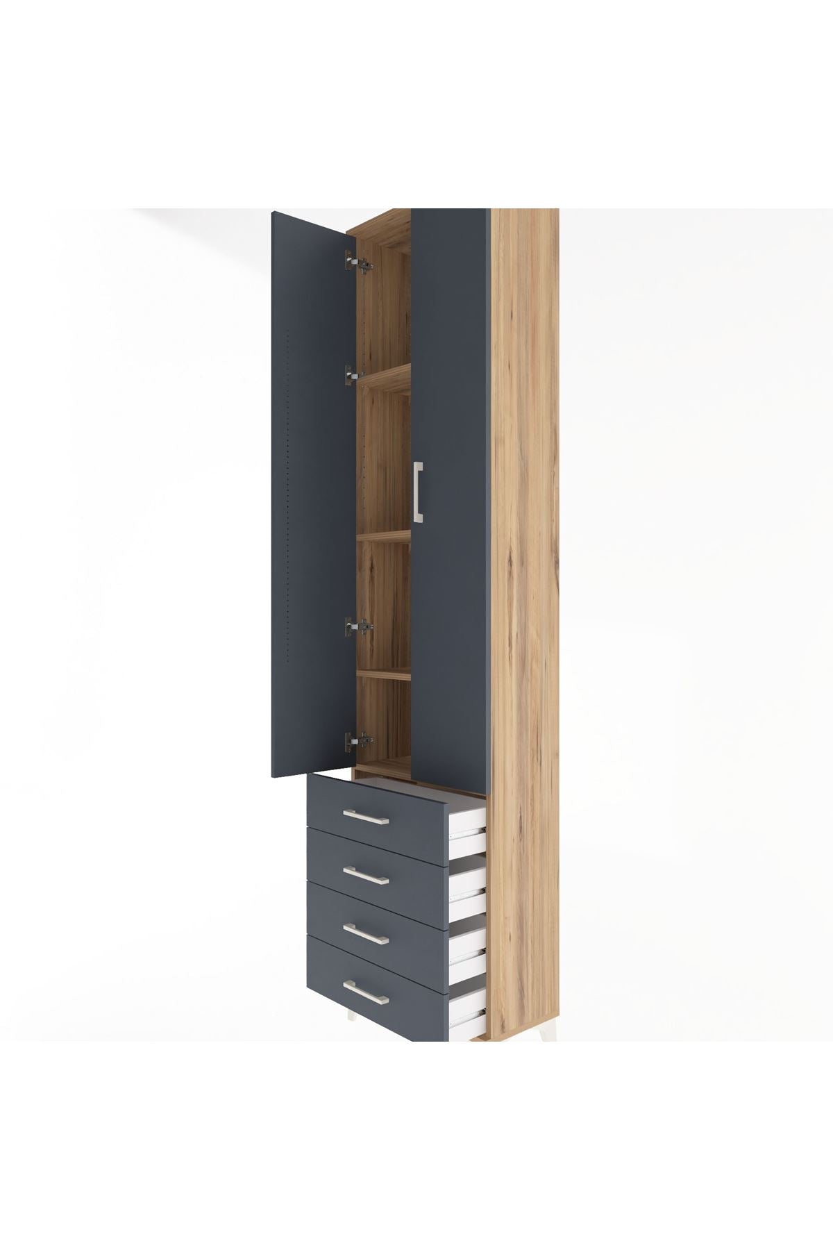 Arges Dolap 4 Raflı 4 Çekmeceli 2 Kapaklı 60x30x243 Çam-Antrasit