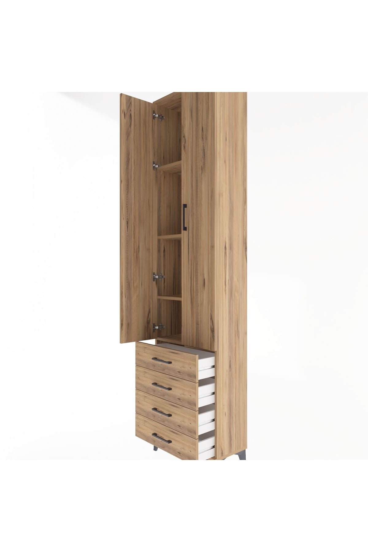 Arges Dolap 4 Raflı 4 Çekmeceli 2 Kapaklı 60x30x243 Çam-Çam