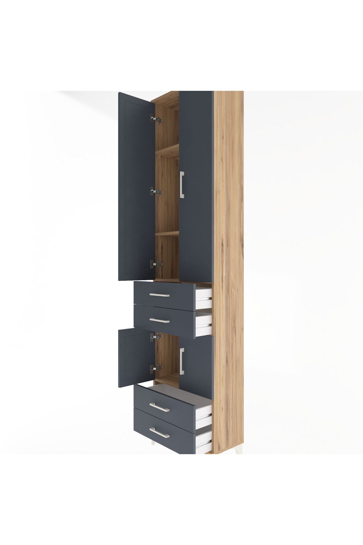 Arges Dolap 4 Raflı 4 Çekmeceli 4 Kapaklı 60x30x243 Çam-Antrasit