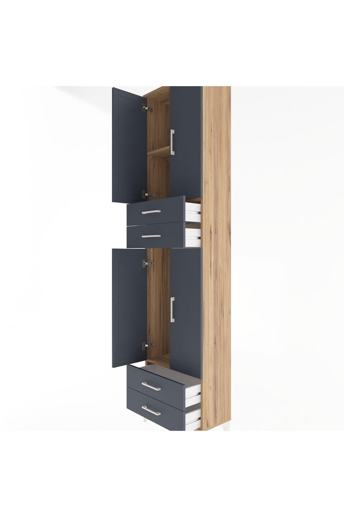 Arges Dolap 3 Raflı 4 Çekmeceli 4 Kapaklı 60x30x243 Çam-Antrasit