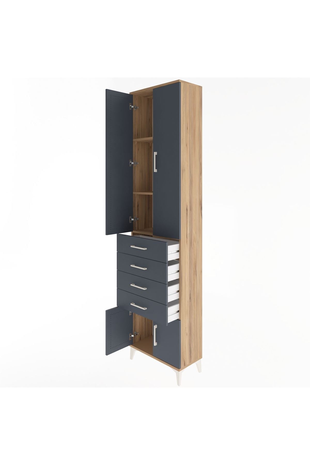 Arges Dolap 3 Raflı 4 Çekmeceli 4 Kapaklı 60x30x243 Çam-Antrasit