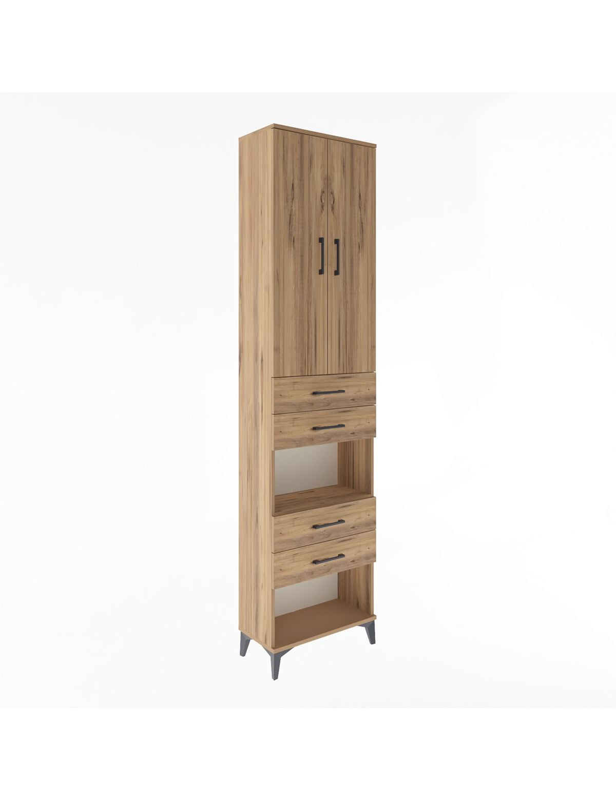 Arges Dolap 4 Raflı 4 Çekmeceli 2 Kapaklı 60x30x243 Çam-Çam