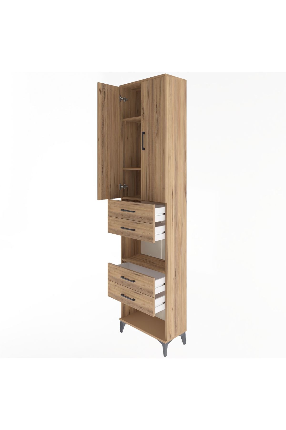 Arges Dolap 4 Raflı 4 Çekmeceli 2 Kapaklı 60x30x243 Çam-Çam