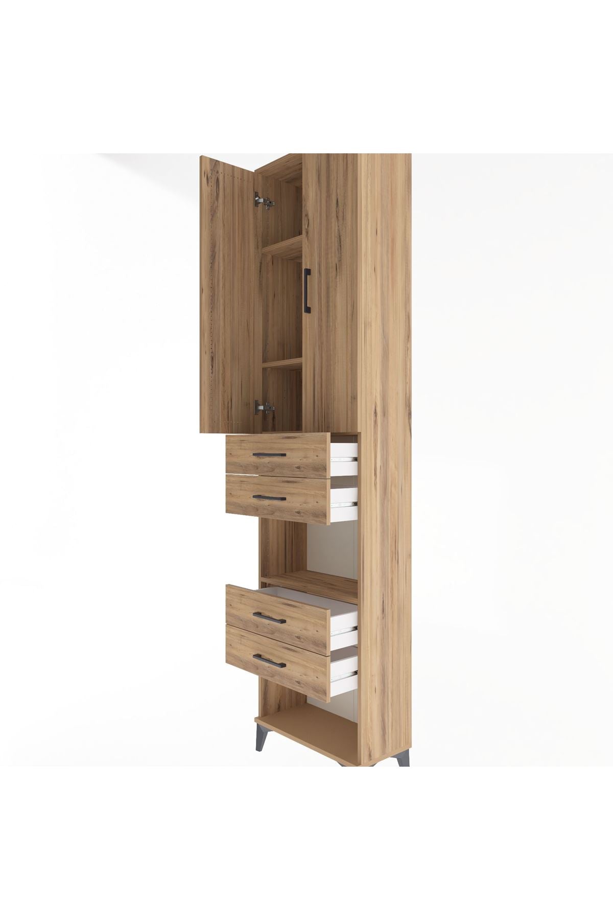 Arges Dolap 4 Raflı 4 Çekmeceli 2 Kapaklı 60x30x243 Çam-Çam