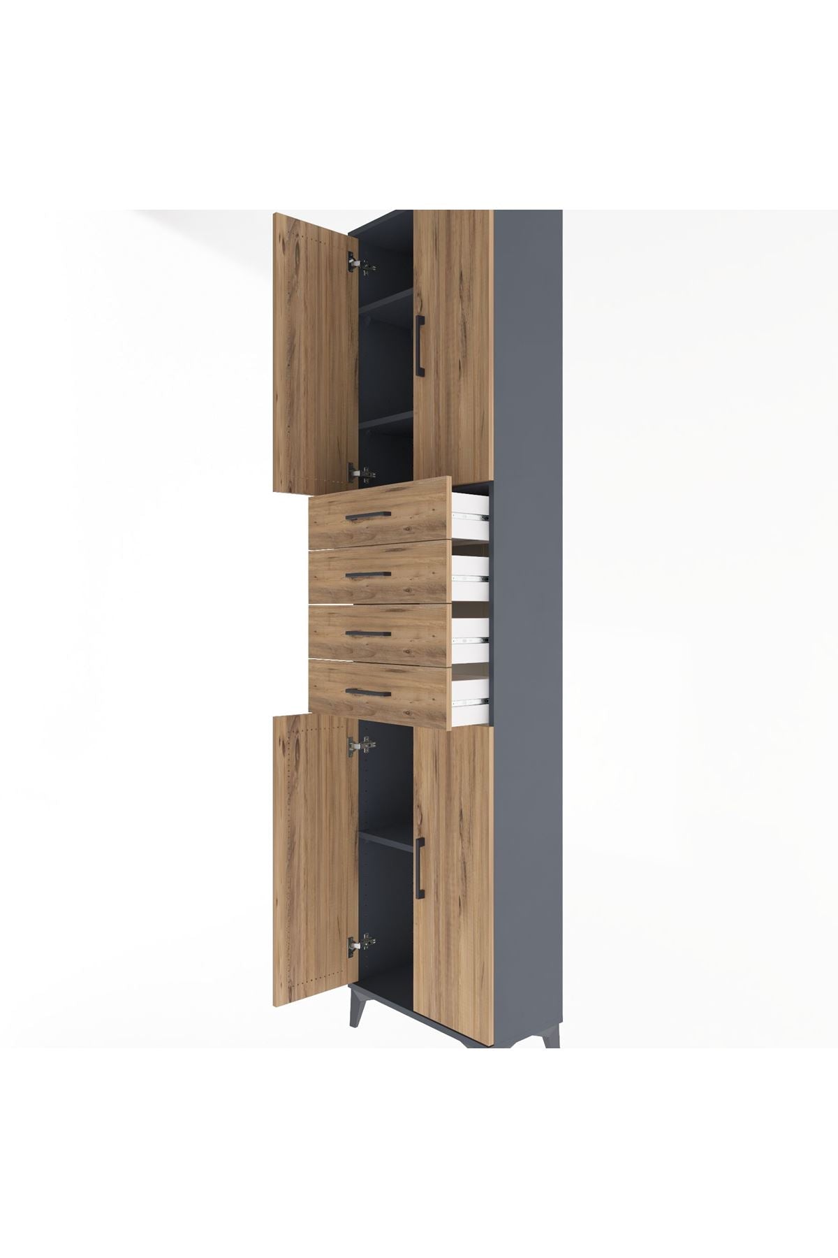 Arges Dolap 4 Raflı 4 Çekmeceli 4 Kapaklı 60x30x243 Antrasit-Çam