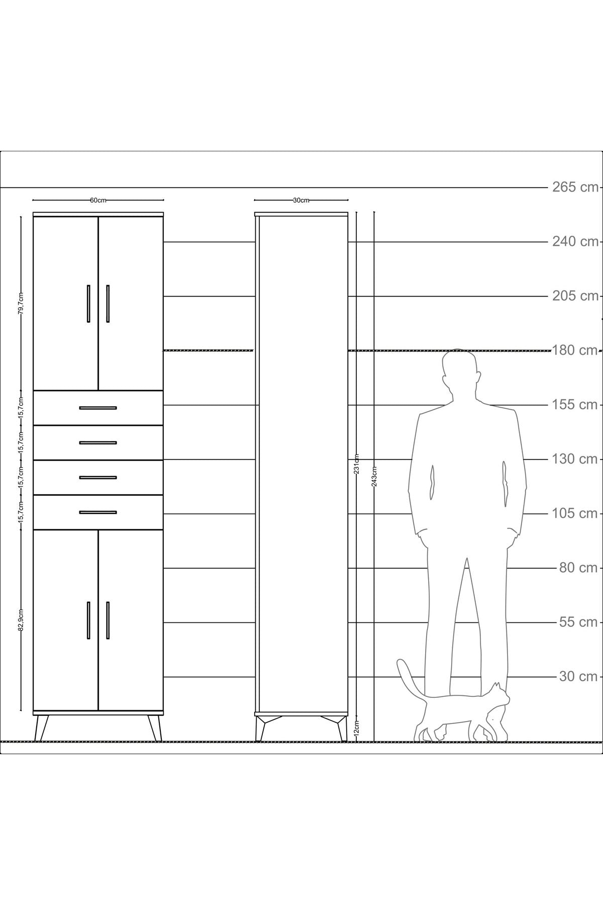 Arges Dolap 4 Raflı 4 Çekmeceli 4 Kapaklı 60x30x243 Antrasit-Çam