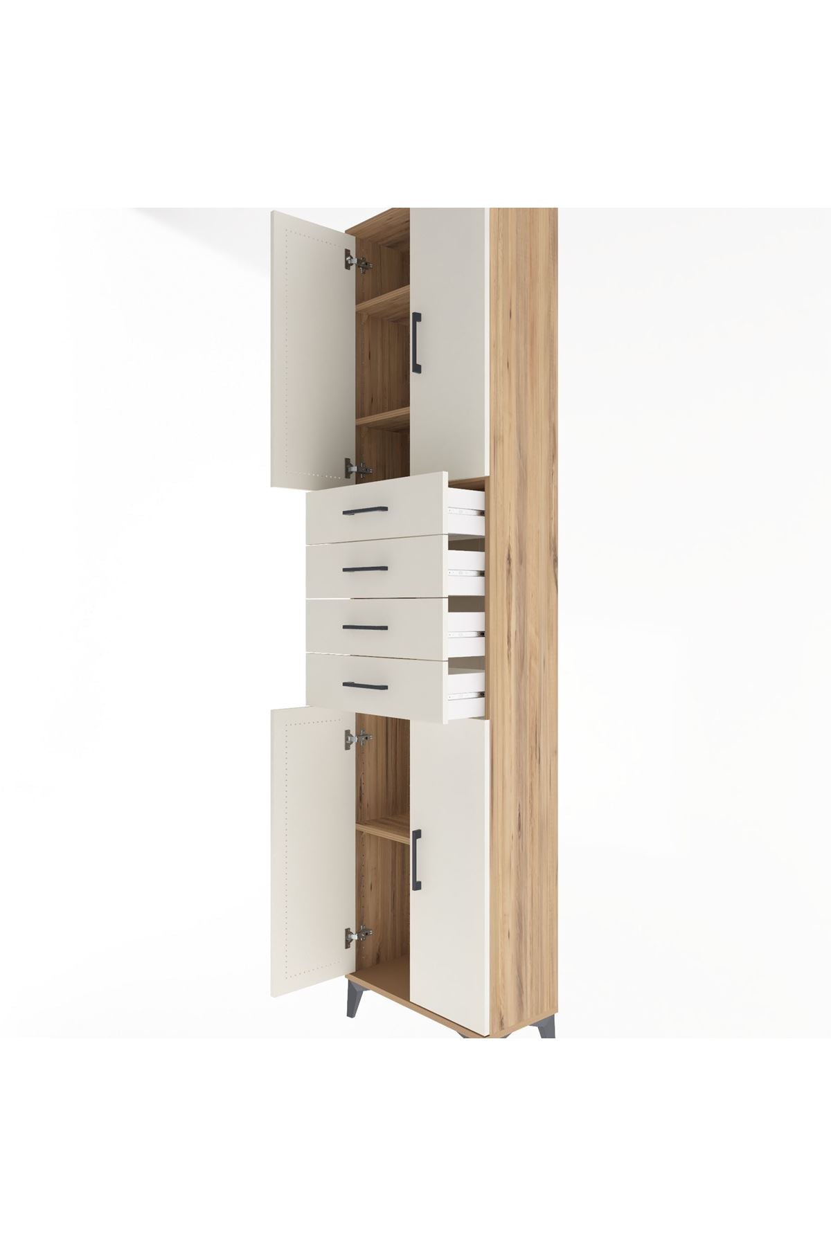 Arges Dolap 4 Raflı 4 Çekmeceli 4 Kapaklı 60x30x243 Çam-Aytaşı