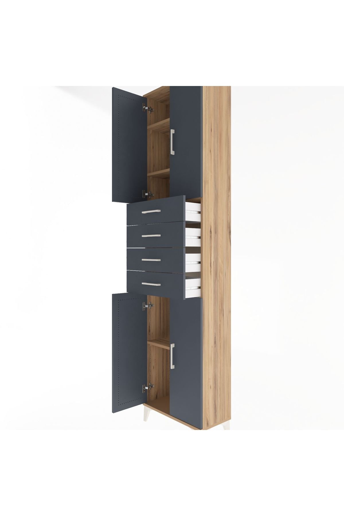 Arges Dolap 4 Raflı 4 Çekmeceli 4 Kapaklı 60x30x243 Çam-Antrasit