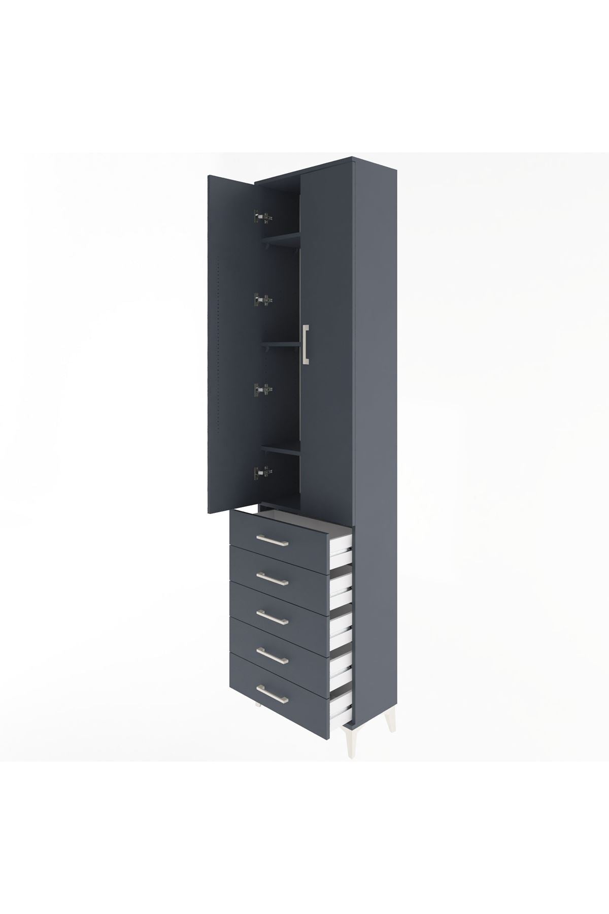 Arges Dolap 4 Raflı 5 Çekmeceli 2 Kapaklı 60x30x243 Antrasit-Antrasit