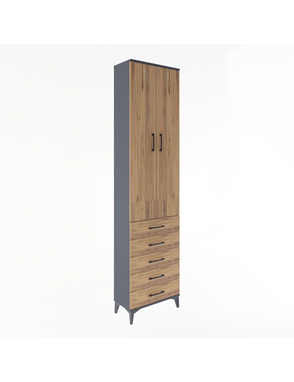 Arges Dolap 4 Raflı 5 Çekmeceli 2 Kapaklı 60x30x243 Antrasit-Çam