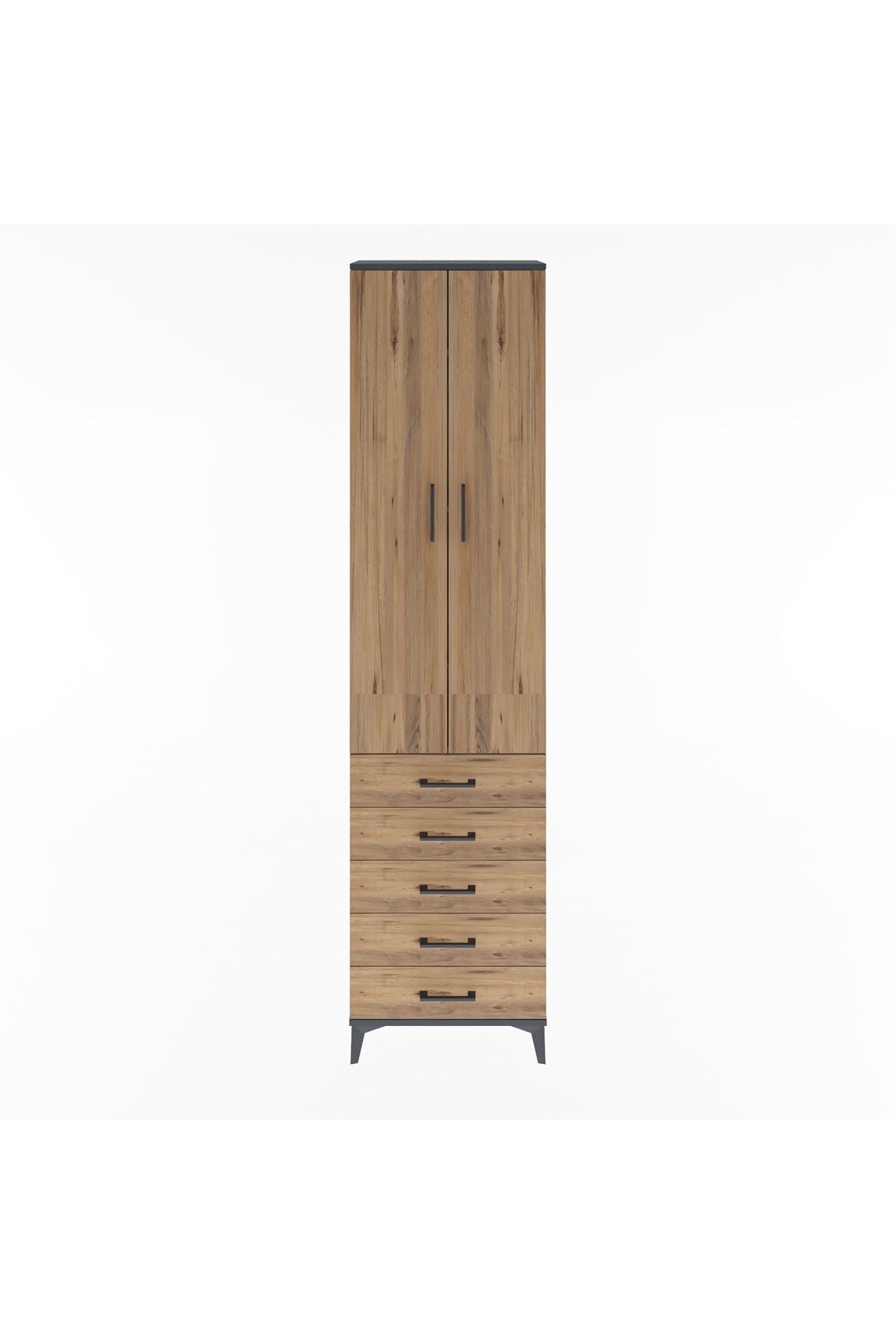 Arges Dolap 4 Raflı 5 Çekmeceli 2 Kapaklı 60x30x243 Antrasit-Çam