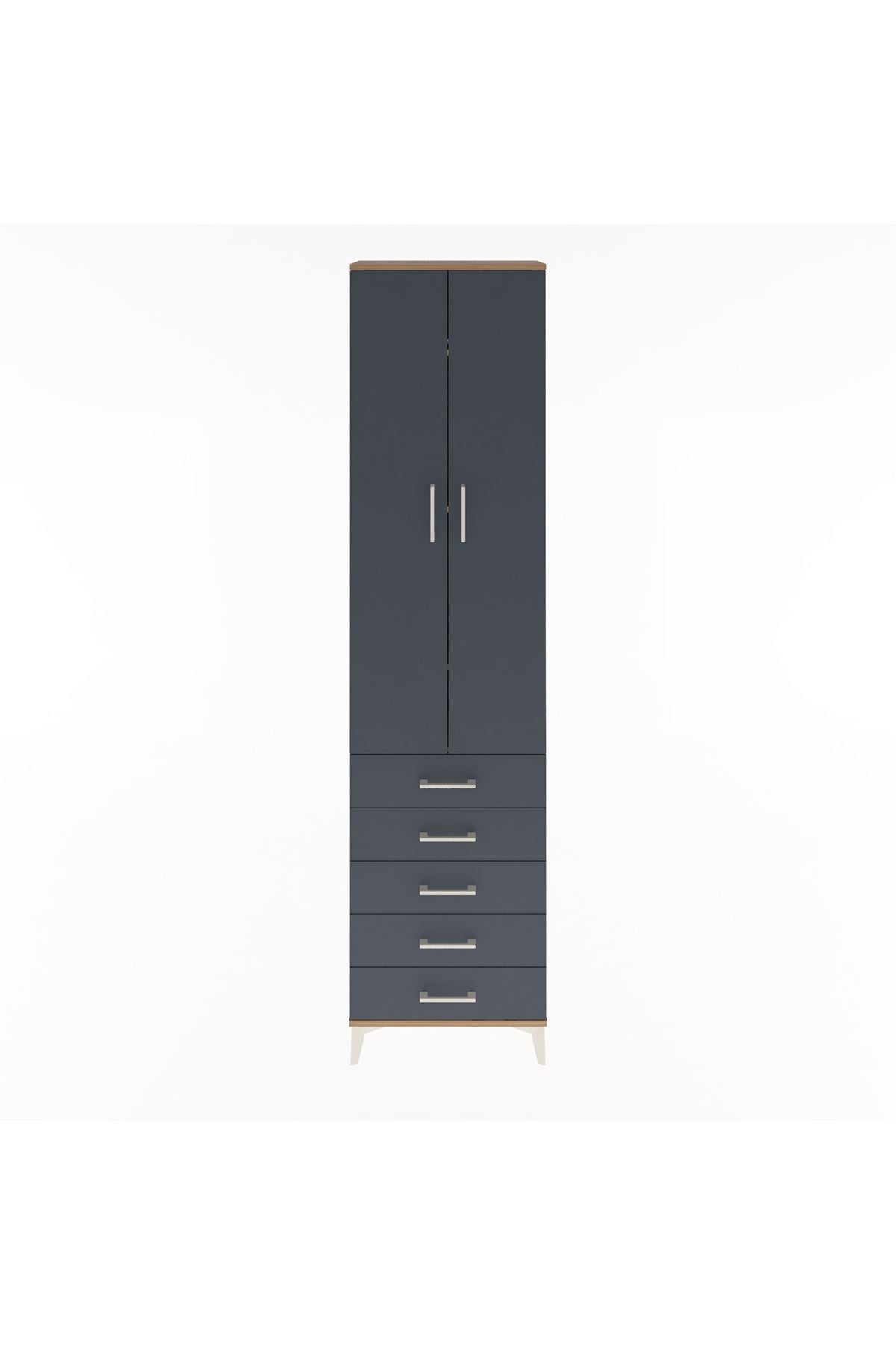 Arges Dolap 4 Raflı 5 Çekmeceli 2 Kapaklı 60x30x243 Çam-Antrasit