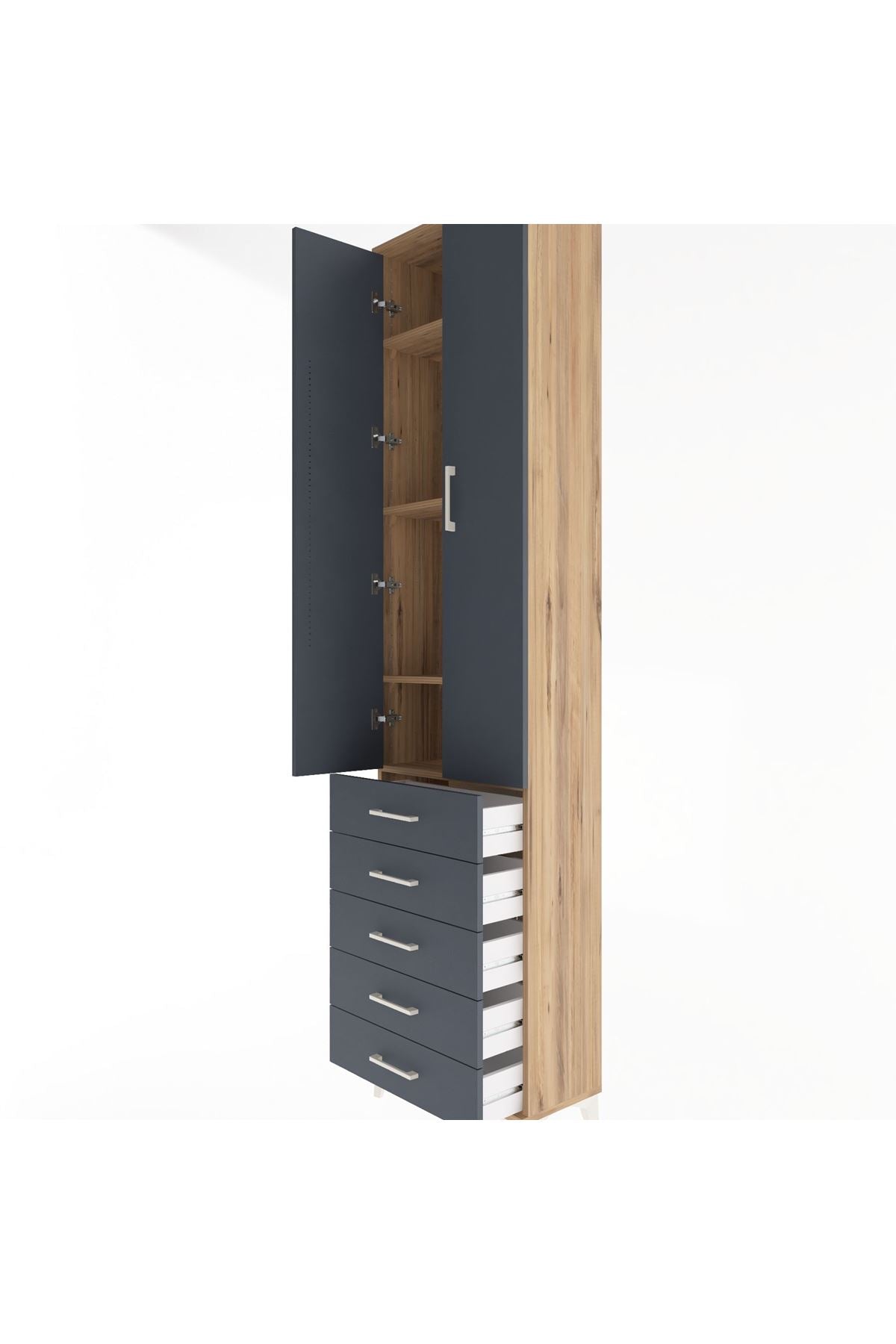 Arges Dolap 4 Raflı 5 Çekmeceli 2 Kapaklı 60x30x243 Çam-Antrasit