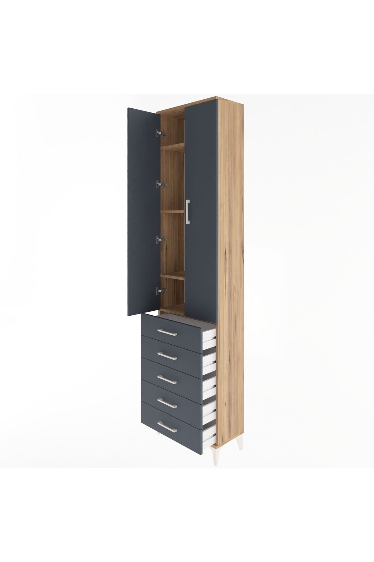 Arges Dolap 4 Raflı 5 Çekmeceli 2 Kapaklı 60x30x243 Çam-Antrasit