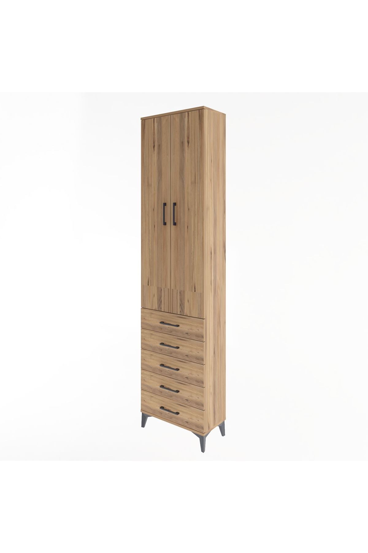 Arges Dolap 4 Raflı 5 Çekmeceli 2 Kapaklı 60x30x243 Çam-Çam