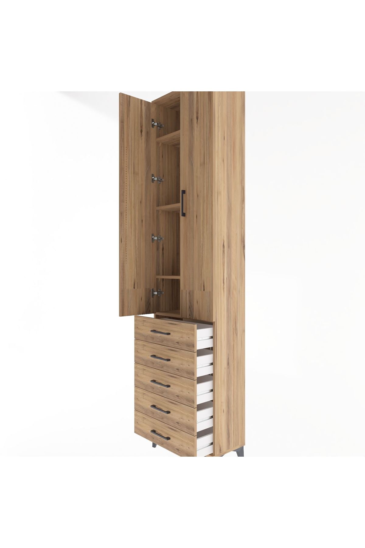 Arges Dolap 4 Raflı 5 Çekmeceli 2 Kapaklı 60x30x243 Çam-Çam