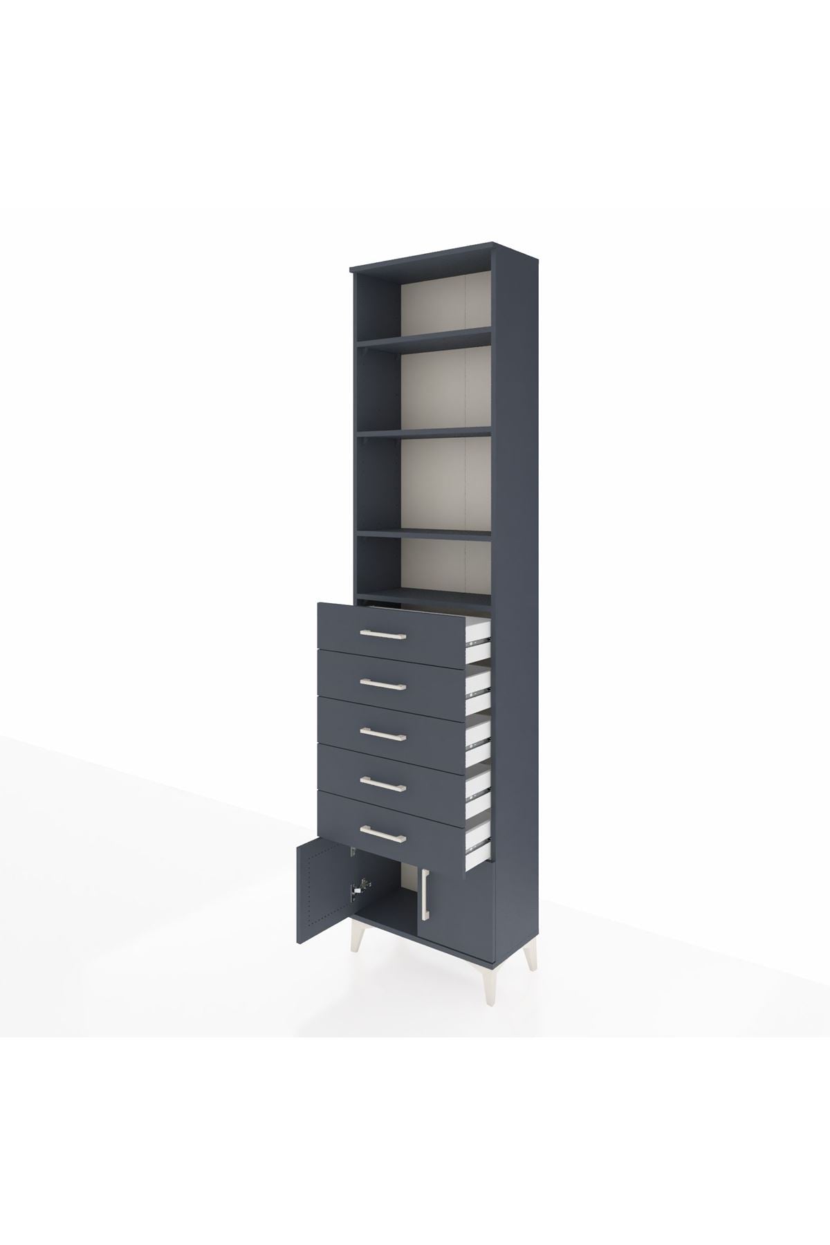 Arges Dolap 4 Raflı 5 Çekmeceli 2 Kapaklı 60x30x243 Antrasit-Antrasit