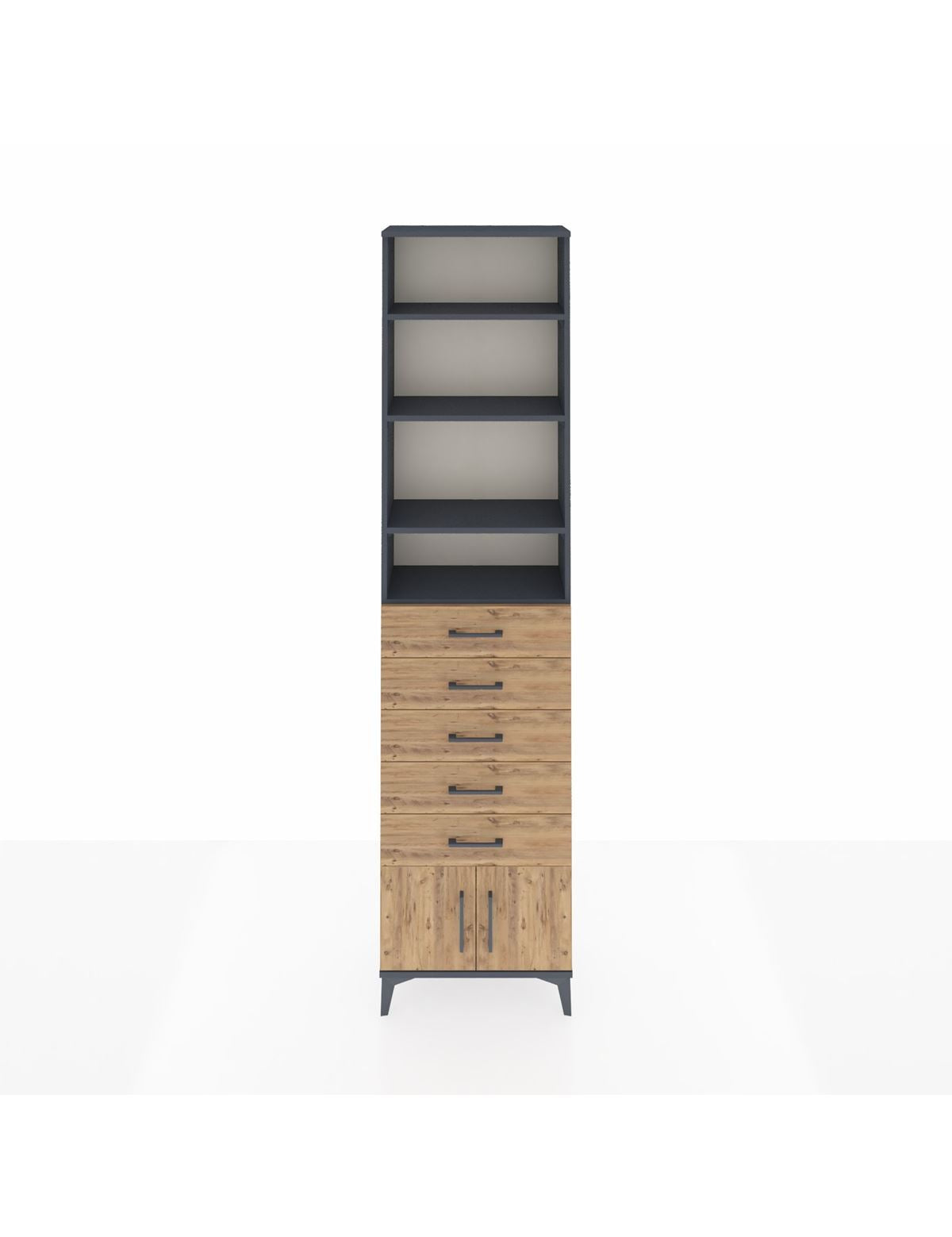 Arges Dolap 4 Raflı 5 Çekmeceli 2 Kapaklı 60x30x243 Antrasit-Çam