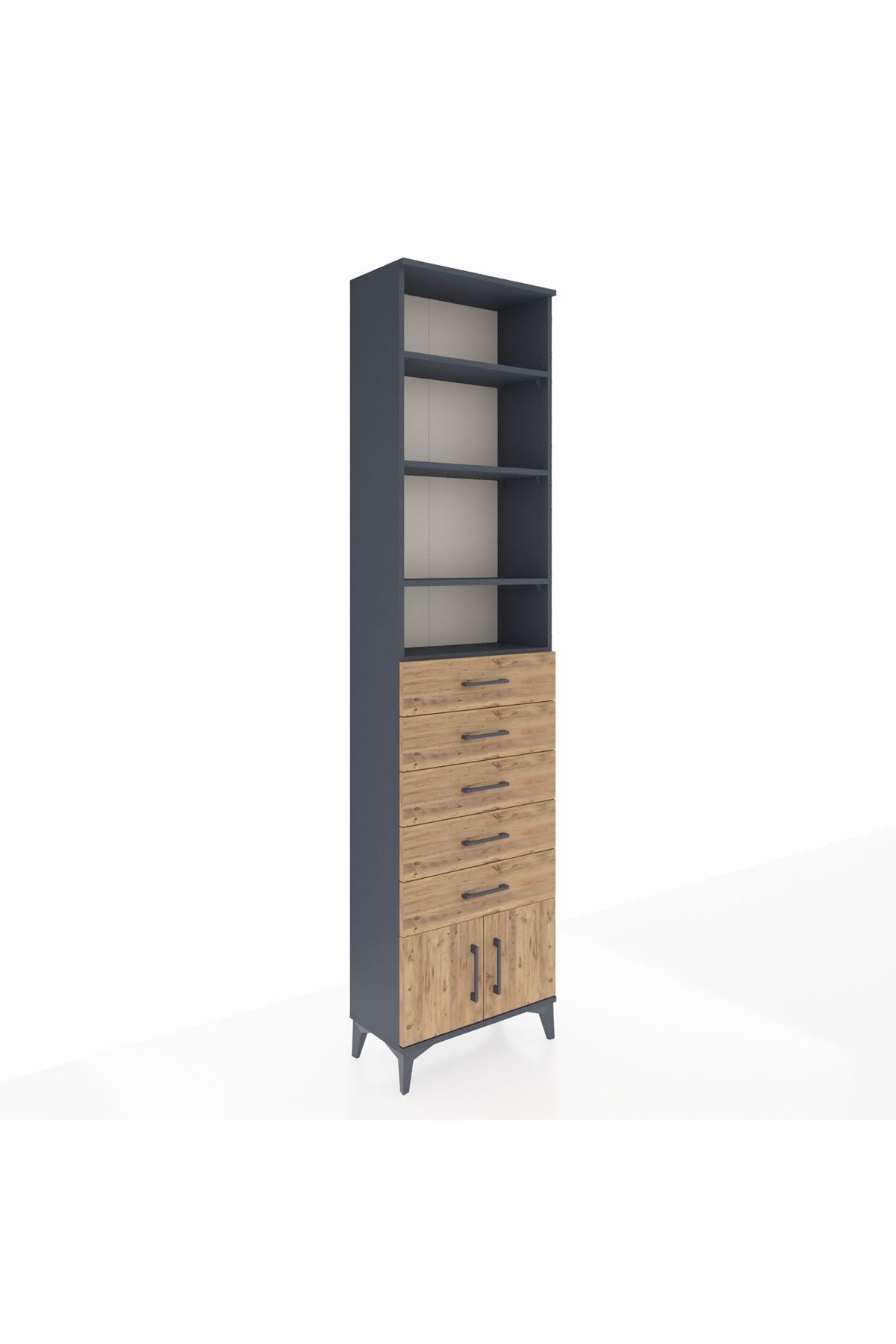 Arges Dolap 4 Raflı 5 Çekmeceli 2 Kapaklı 60x30x243 Antrasit-Çam