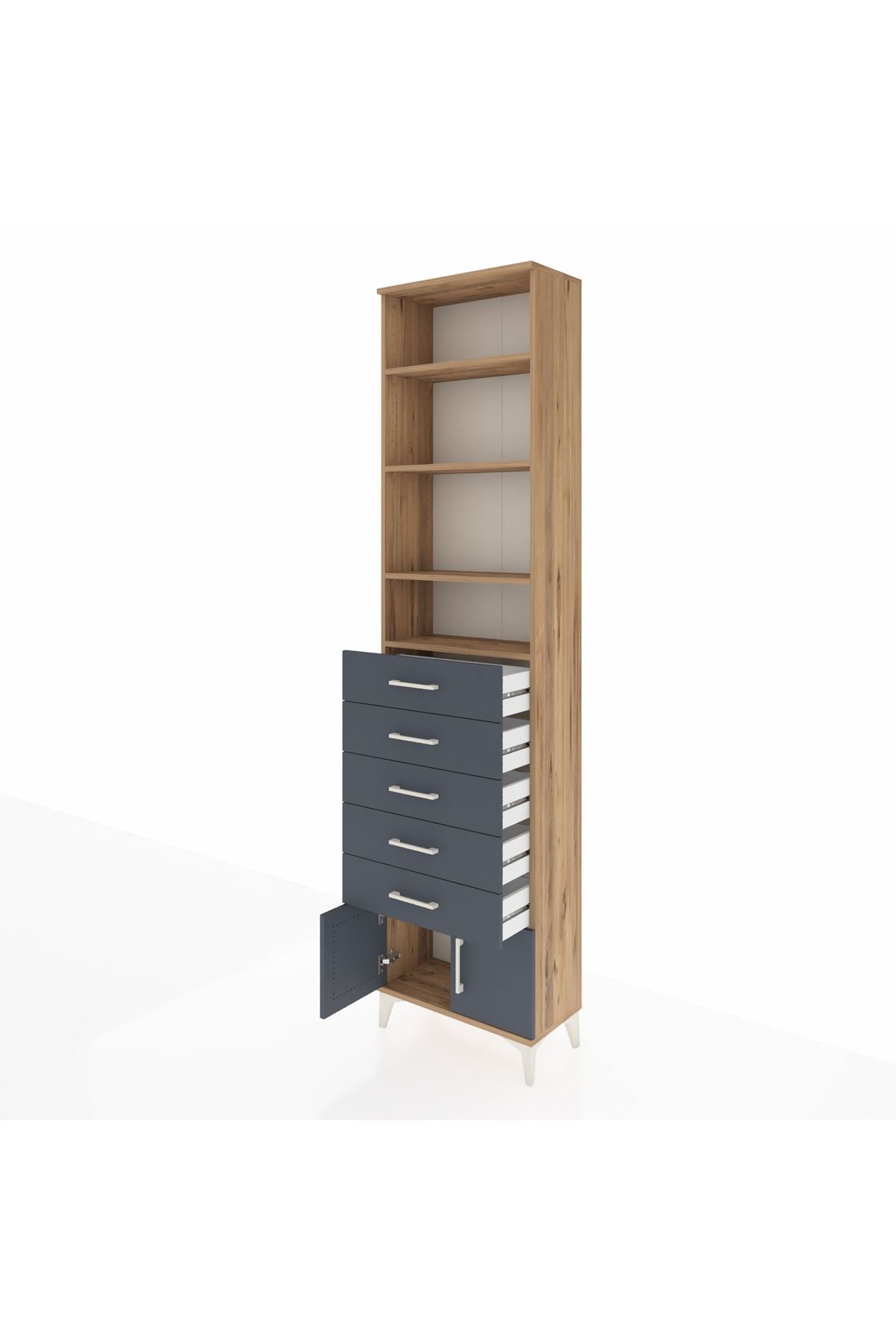 Arges Dolap 4 Raflı 5 Çekmeceli 2 Kapaklı 60x30x243 Çam-Antrasit