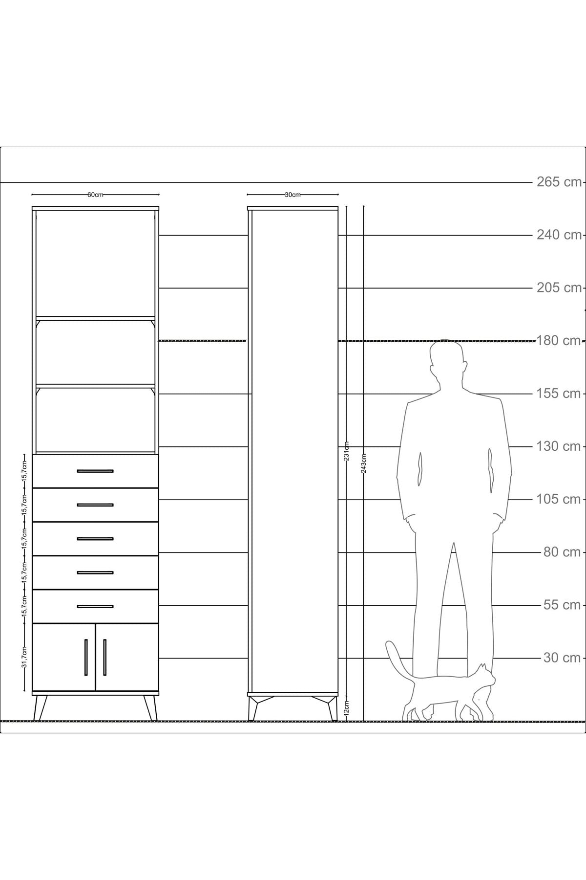 Arges Dolap 4 Raflı 5 Çekmeceli 2 Kapaklı 60x30x243 Çam-Çam