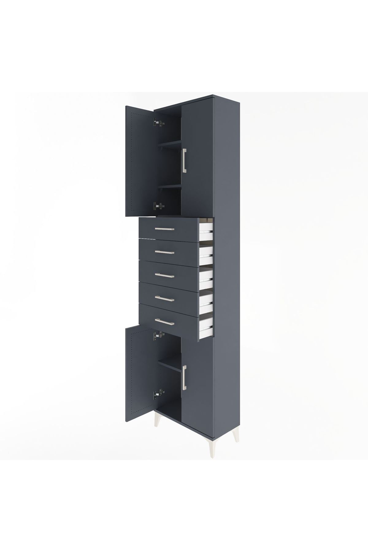 Arges Dolap 4 Raflı 5 Çekmeceli 4 Kapaklı 60x30x243 Antrasit-Antrasit