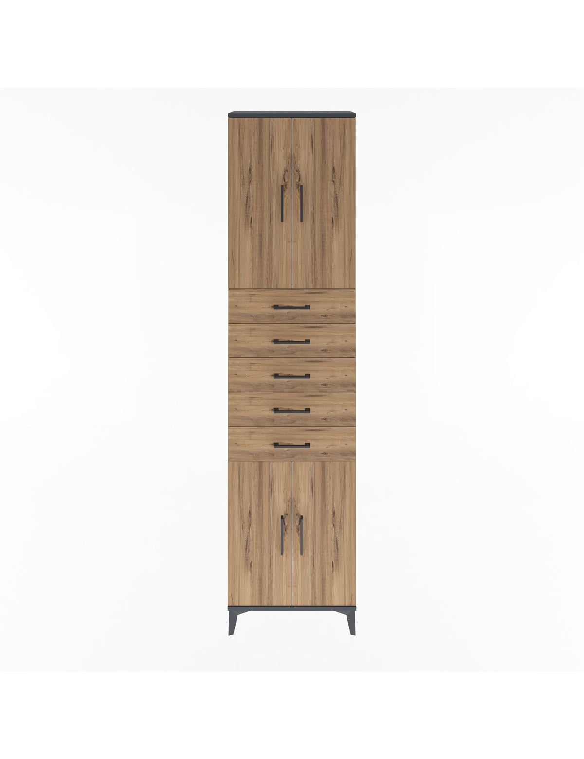 Arges Dolap 4 Raflı 5 Çekmeceli 4 Kapaklı 60x30x243 Antrasit-Çam