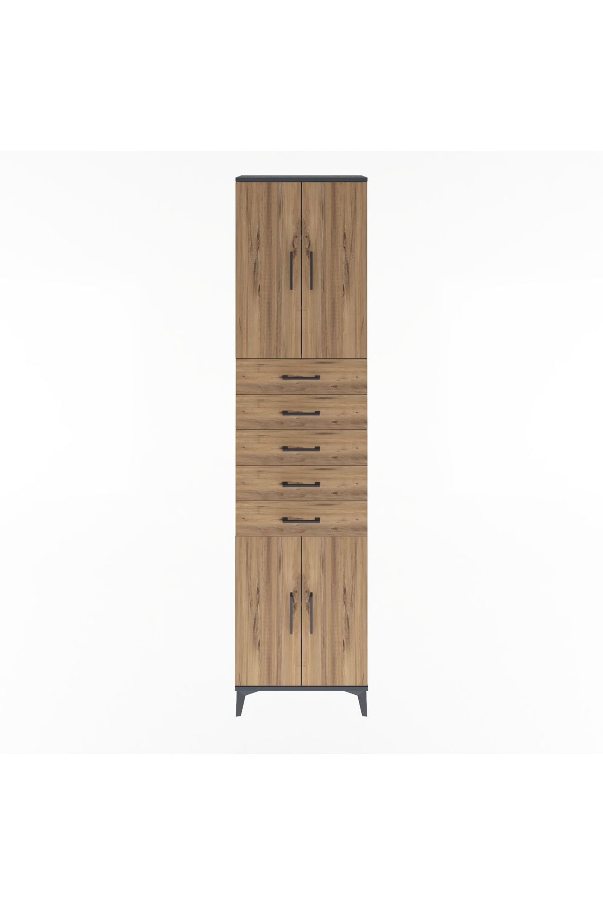 Arges Dolap 4 Raflı 5 Çekmeceli 4 Kapaklı 60x30x243 Antrasit-Çam