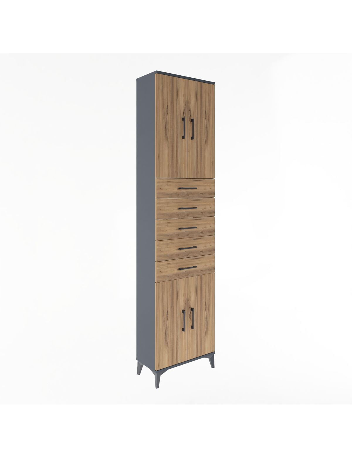 Arges Dolap 4 Raflı 5 Çekmeceli 4 Kapaklı 60x30x243 Antrasit-Çam