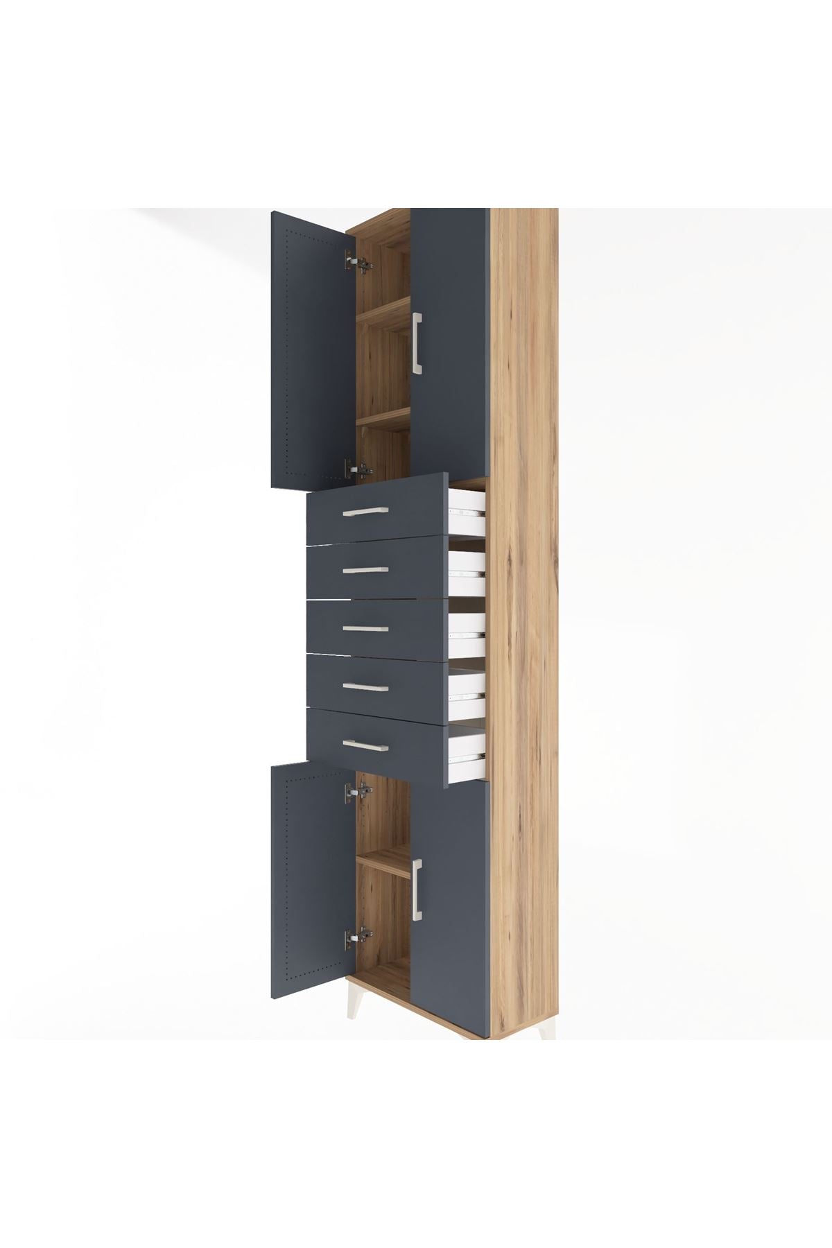 Arges Dolap 4 Raflı 5 Çekmeceli 4 Kapaklı 60x30x243 Çam-Antrasit