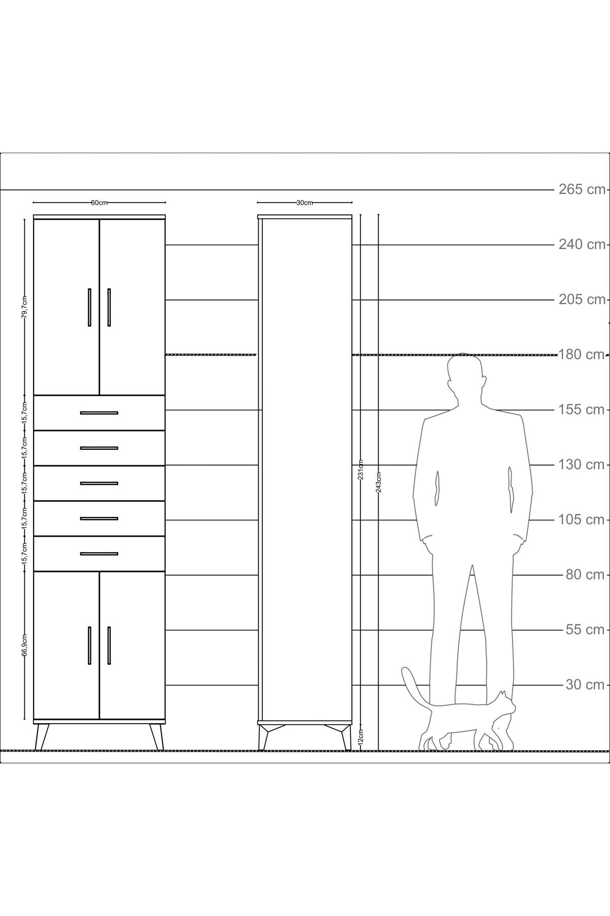 Arges Dolap 4 Raflı 5 Çekmeceli 4 Kapaklı 60x30x243 Çam-Çam