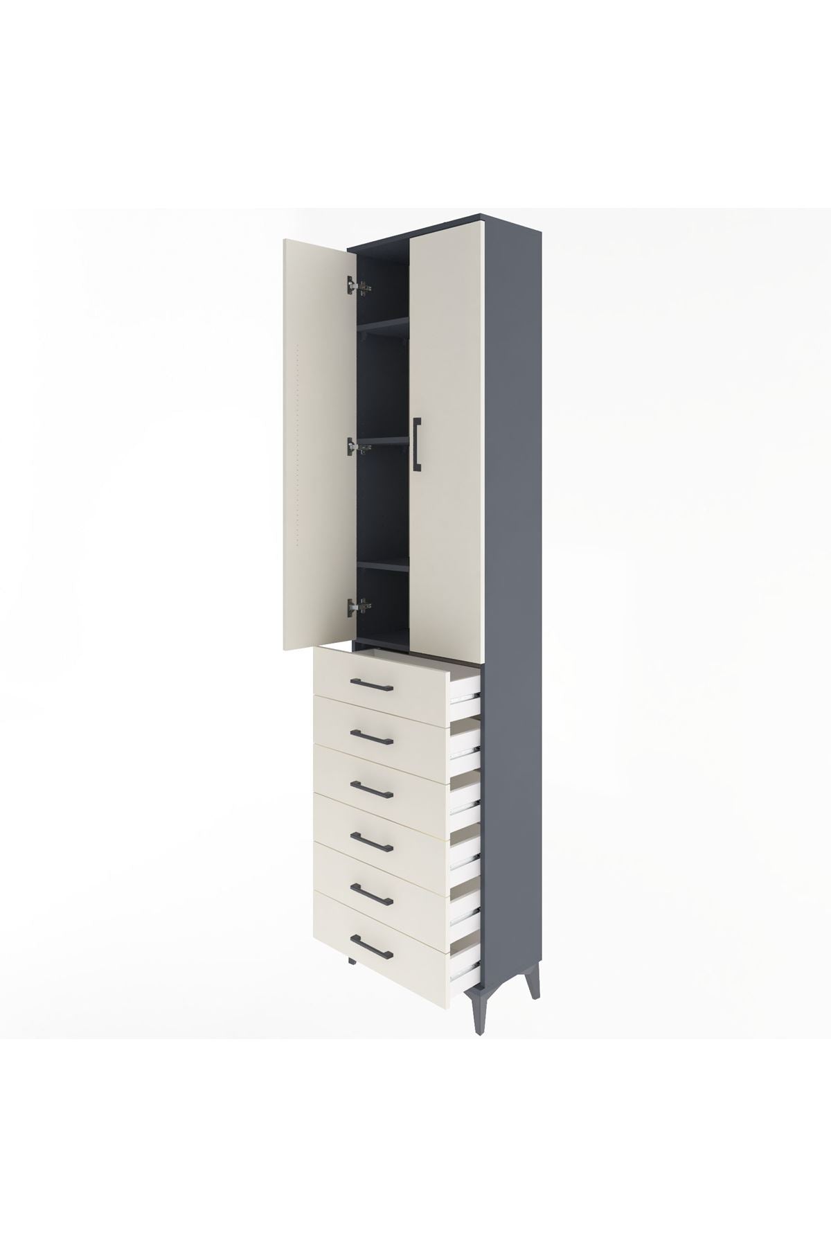 Arges Dolap 4 Raflı 6 Çekmeceli 2 Kapaklı 60x30x243 Antrasit-Aytaşı