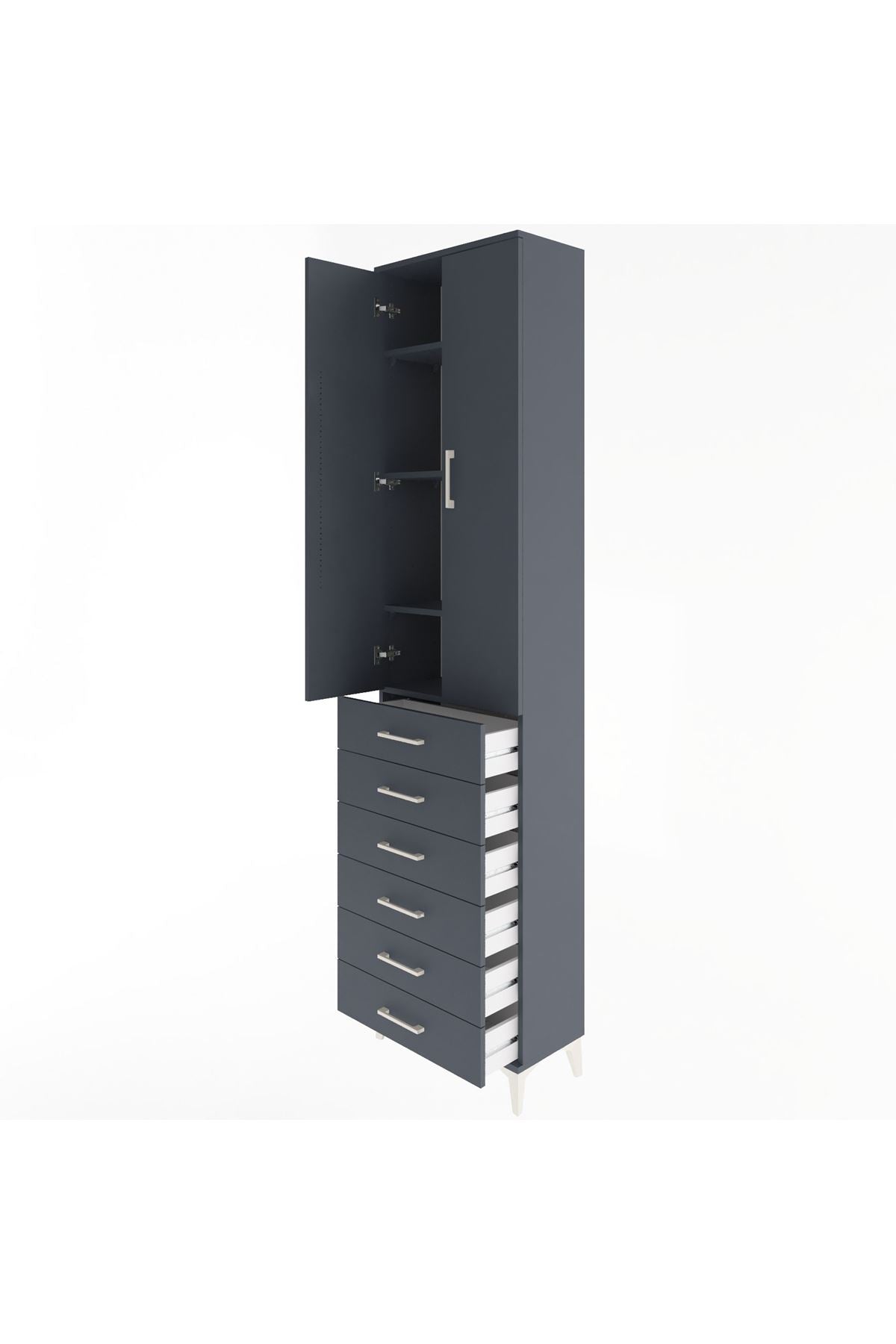 Arges Dolap 4 Raflı 6 Çekmeceli 2 Kapaklı 60x30x243 Antrasit-Antrasit