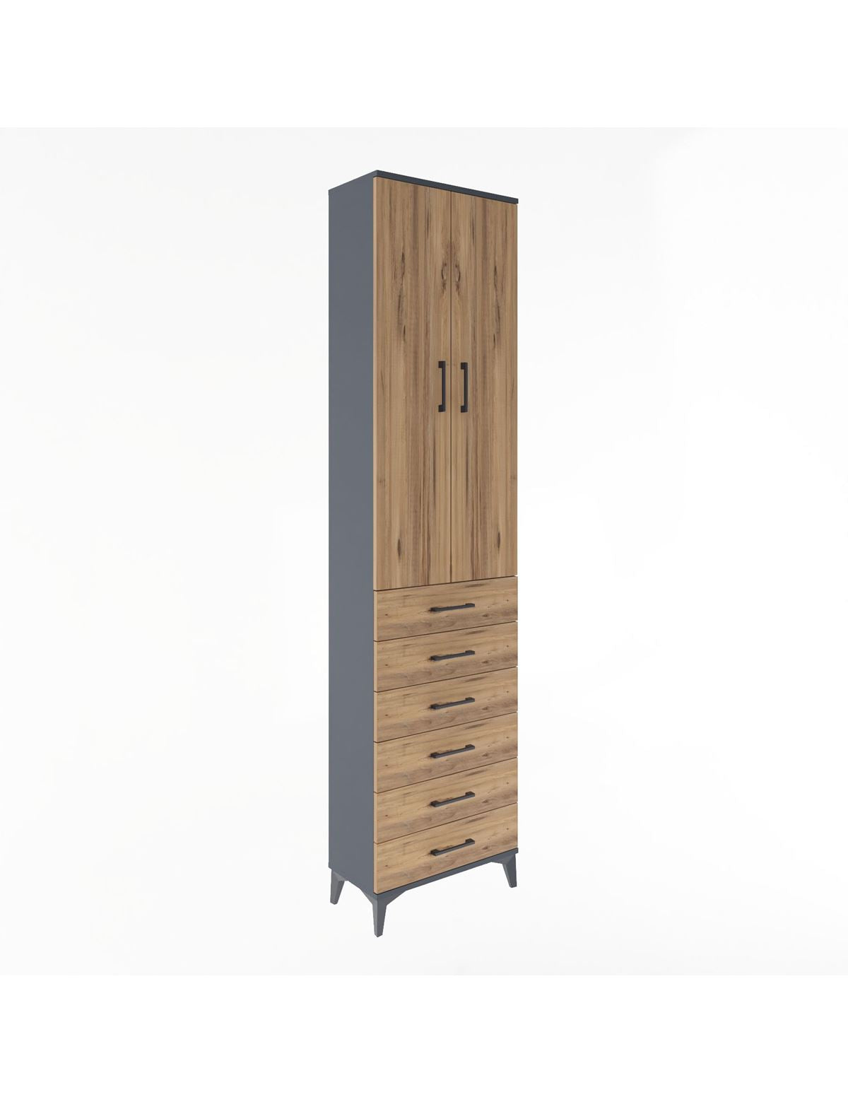 Arges Dolap 4 Raflı 6 Çekmeceli 2 Kapaklı 60x30x243 Antrasit-Çam