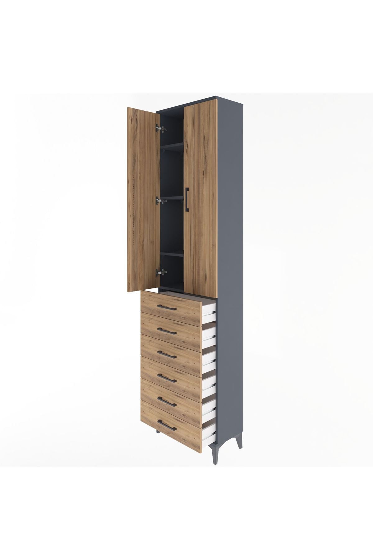 Arges Dolap 4 Raflı 6 Çekmeceli 2 Kapaklı 60x30x243 Antrasit-Çam