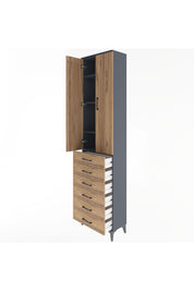 Arges Dolap 4 Raflı 6 Çekmeceli 2 Kapaklı 60x30x243 Antrasit-Çam