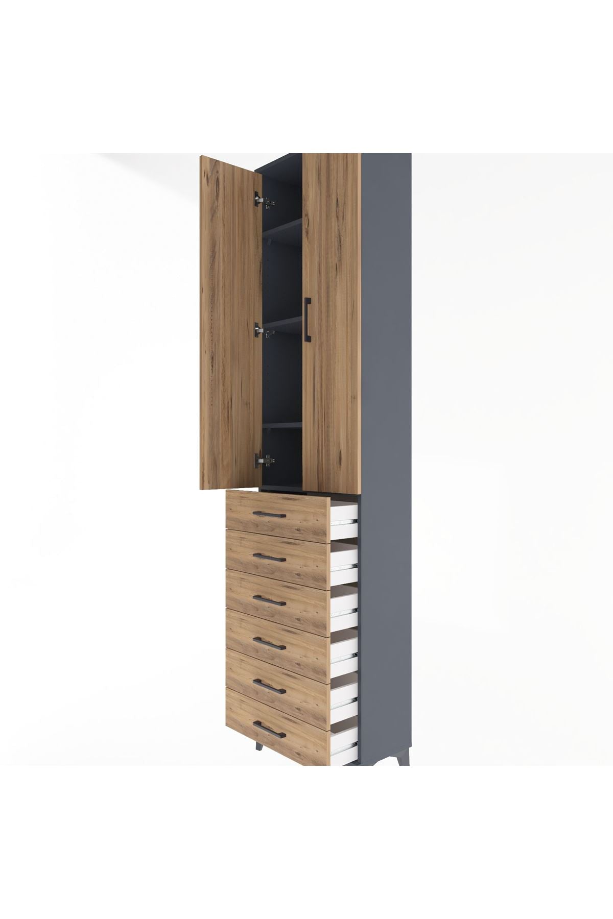 Arges Dolap 4 Raflı 6 Çekmeceli 2 Kapaklı 60x30x243 Antrasit-Çam