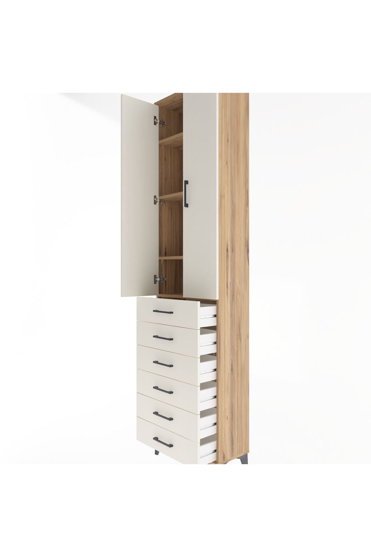 Arges Dolap 4 Raflı 6 Çekmeceli 2 Kapaklı 60x30x243 Çam-Aytaşı