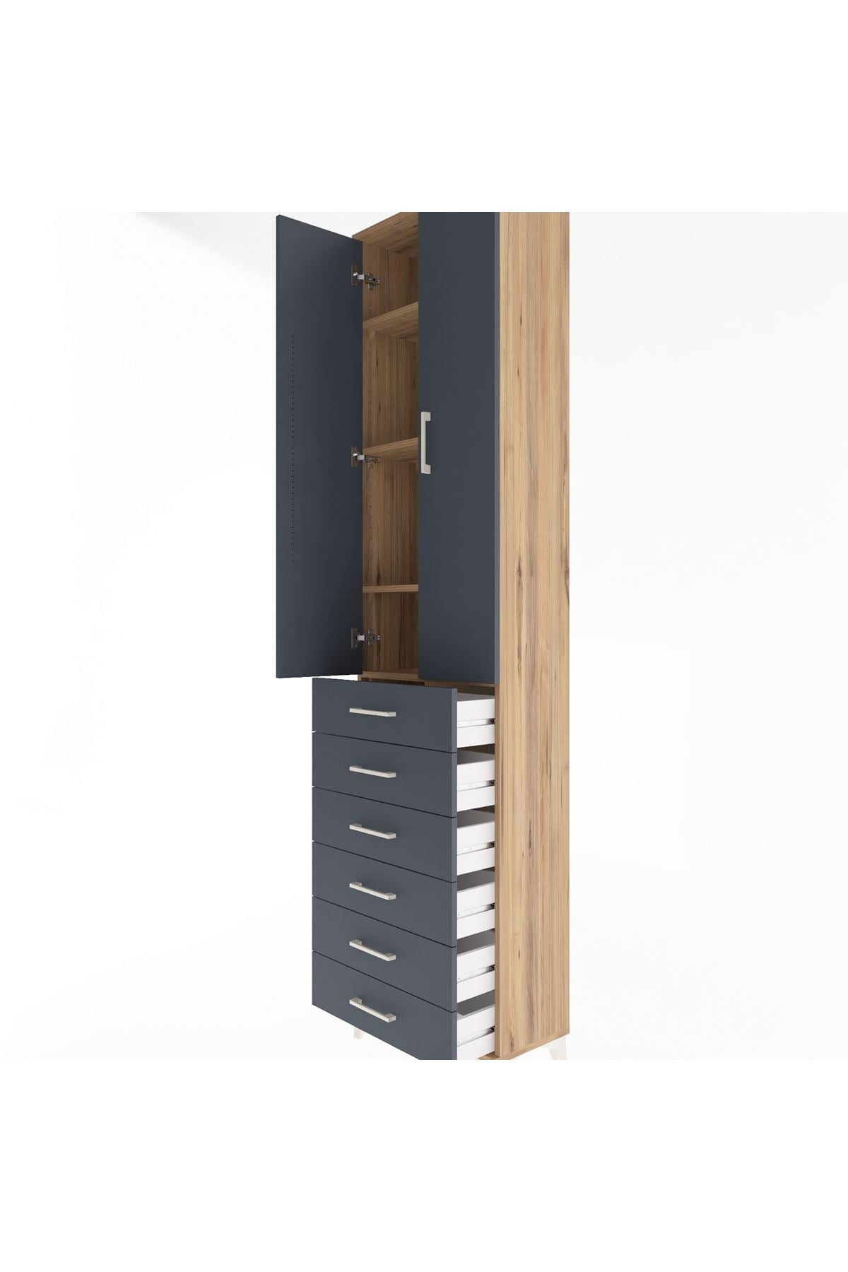 Arges Dolap 4 Raflı 6 Çekmeceli 2 Kapaklı 60x30x243 Çam-Antrasit